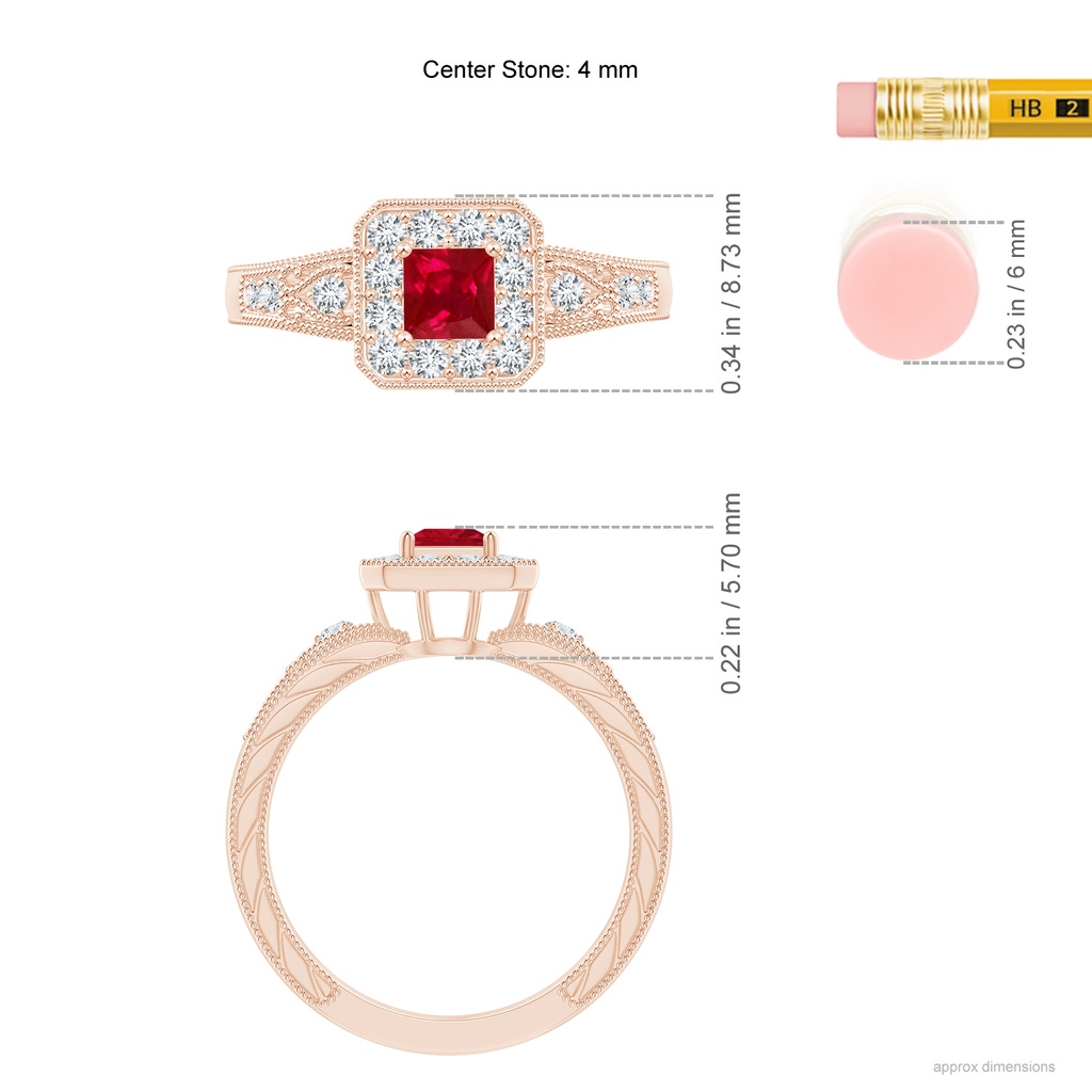 4mm AAA Aeon Vintage Inspired Square Ruby and Diamond Halo Engagement Ring with Milgrain in Rose Gold Ruler