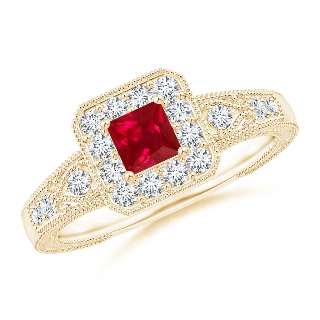 4mm AAA Aeon Vintage Inspired Square Ruby and Diamond Halo Engagement Ring with Milgrain in Yellow Gold