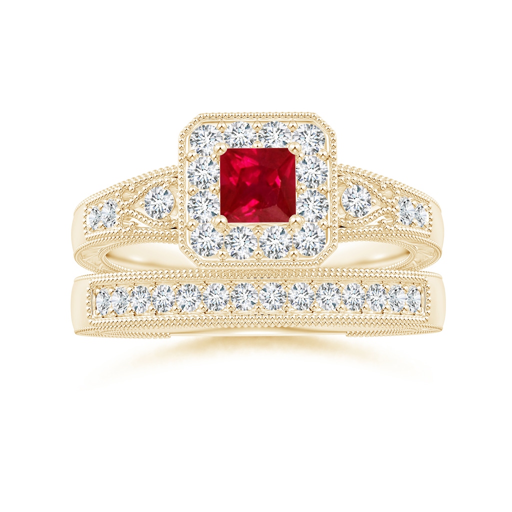 4mm AAA Aeon Vintage Inspired Square Ruby and Diamond Halo Engagement Ring with Milgrain in Yellow Gold Side-3