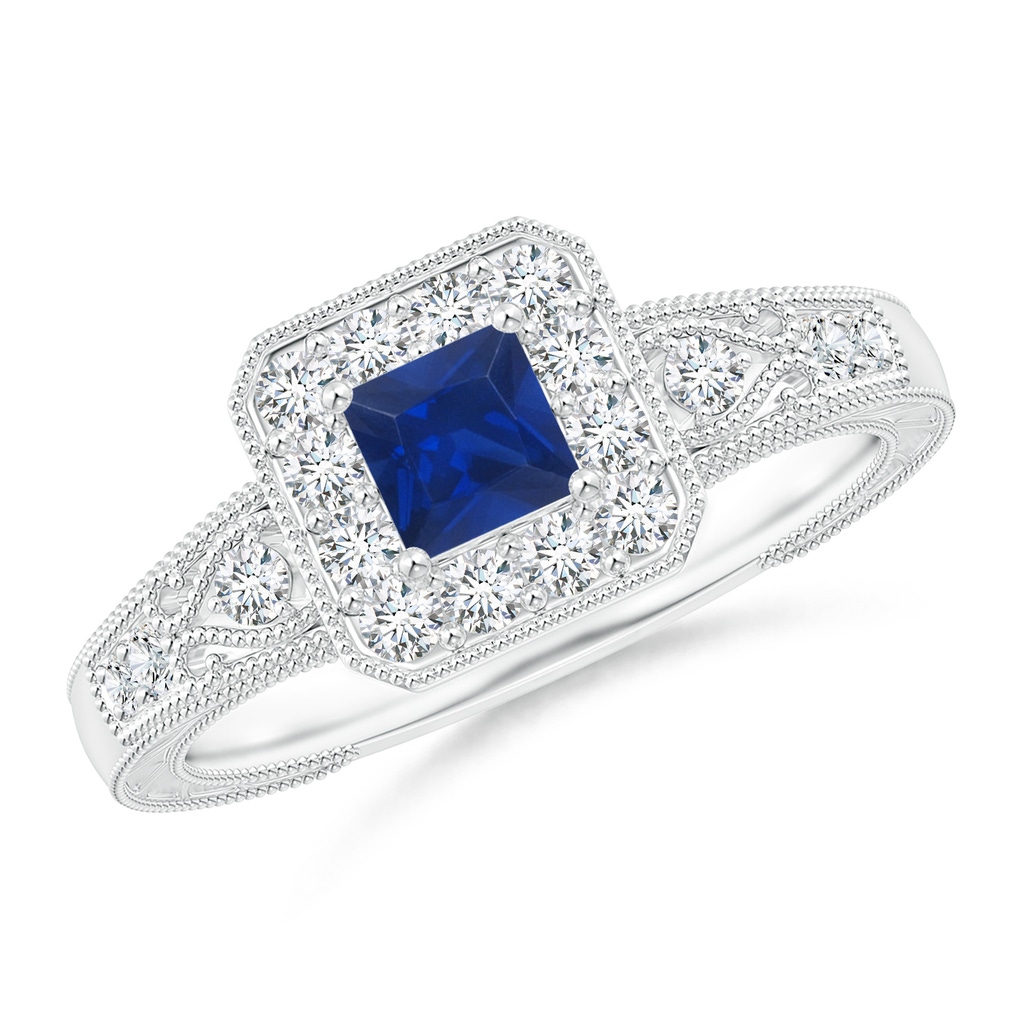 4mm AAA Aeon Vintage Inspired Square Sapphire and Diamond Halo Engagement Ring with Milgrain in White Gold