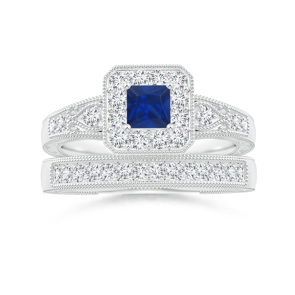 4mm AAA Aeon Vintage Inspired Square Sapphire and Diamond Halo Engagement Ring with Milgrain in White Gold Side-3