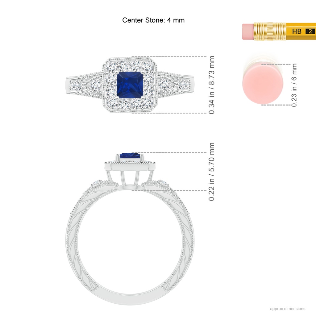 4mm AAA Aeon Vintage Inspired Square Sapphire and Diamond Halo Engagement Ring with Milgrain in White Gold Ruler
