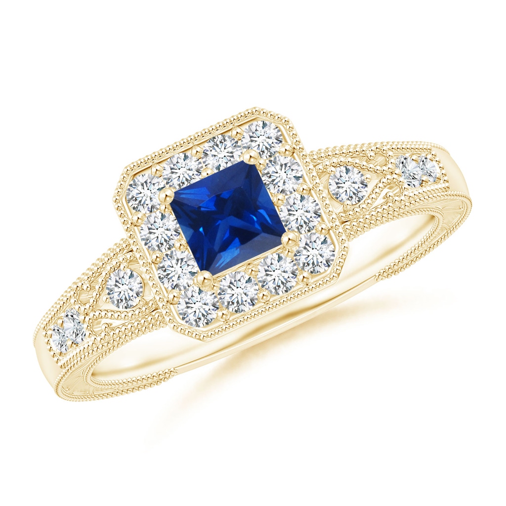 4mm AAAA Aeon Vintage Inspired Square Sapphire and Diamond Halo Engagement Ring with Milgrain in 18K Yellow Gold