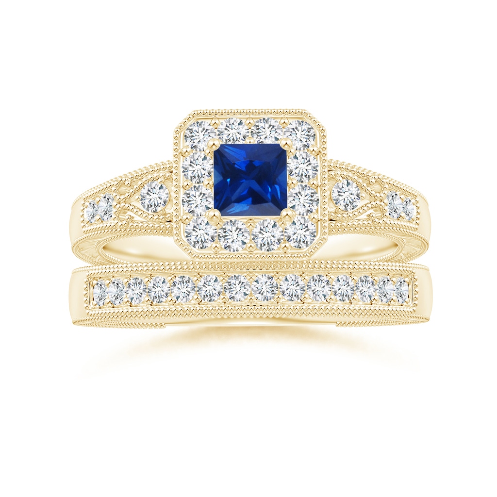 4mm AAAA Aeon Vintage Inspired Square Sapphire and Diamond Halo Engagement Ring with Milgrain in 18K Yellow Gold Side-3