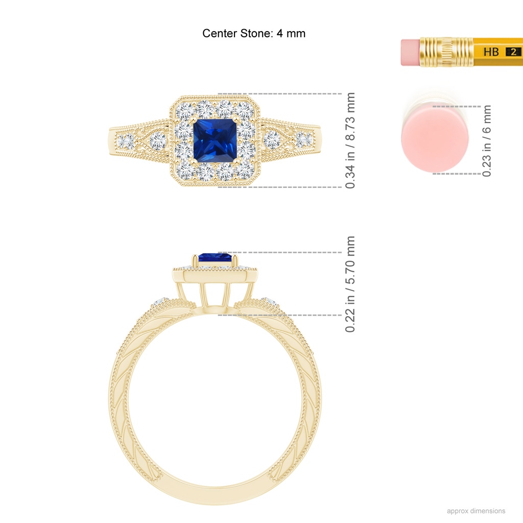 4mm AAAA Aeon Vintage Inspired Square Sapphire and Diamond Halo Engagement Ring with Milgrain in 18K Yellow Gold Ruler