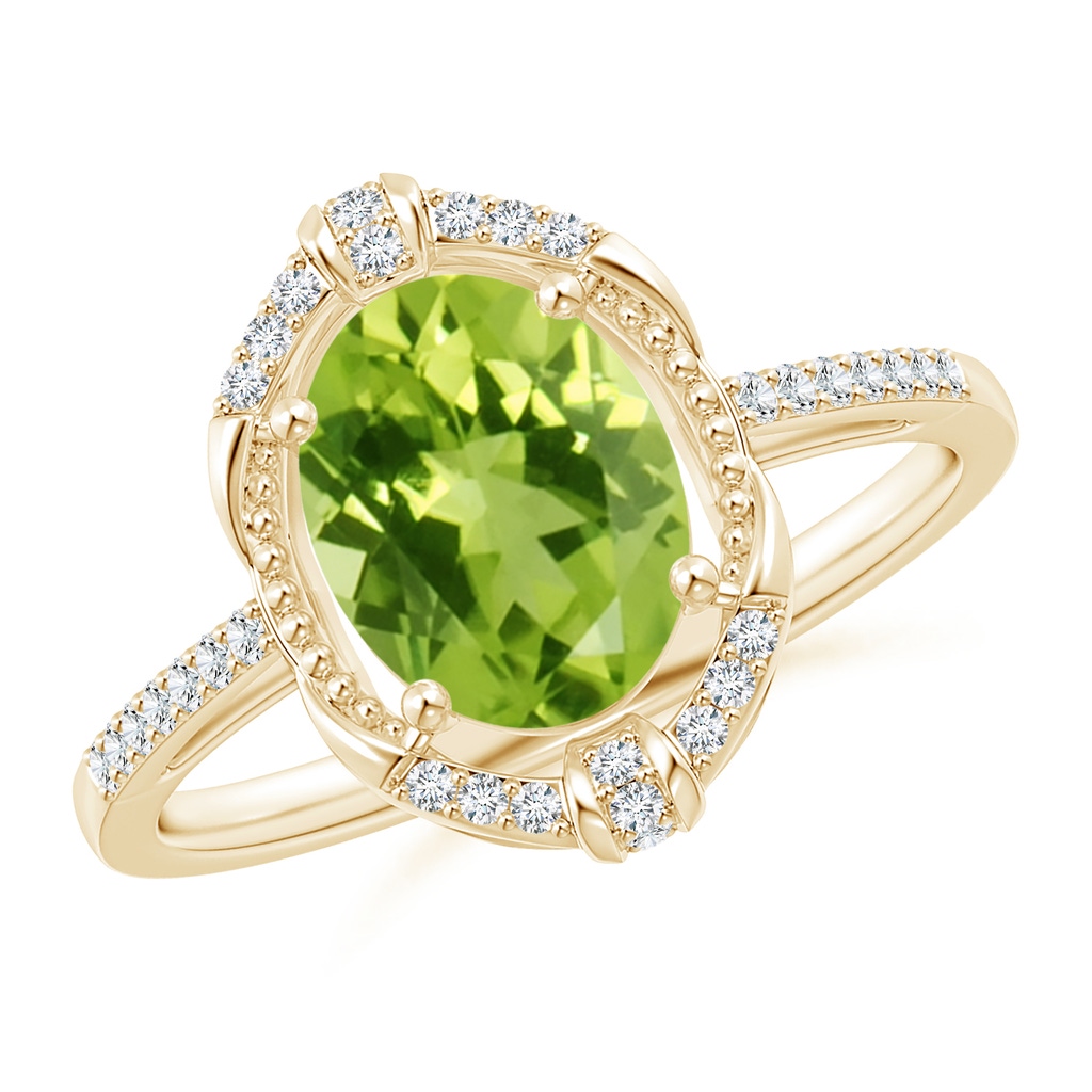 9x7mm AAA Vintage Inspired Oval Peridot Leo Ring with Diamonds in Yellow Gold