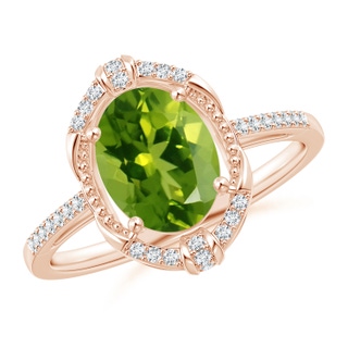 9x7mm AAAA Vintage Inspired Oval Peridot Leo Ring with Diamonds in Rose Gold