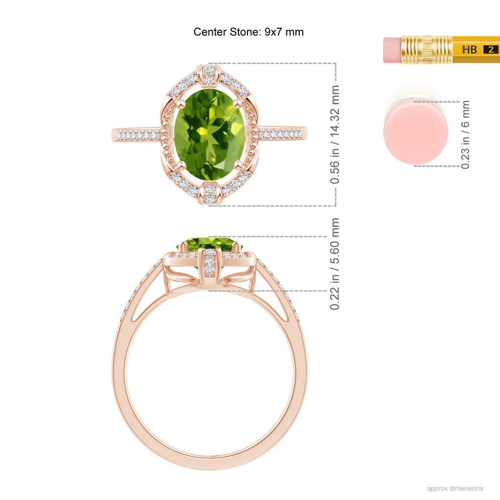 9x7mm AAAA Vintage Inspired Oval Peridot Leo Ring with Diamonds in Rose Gold Ruler