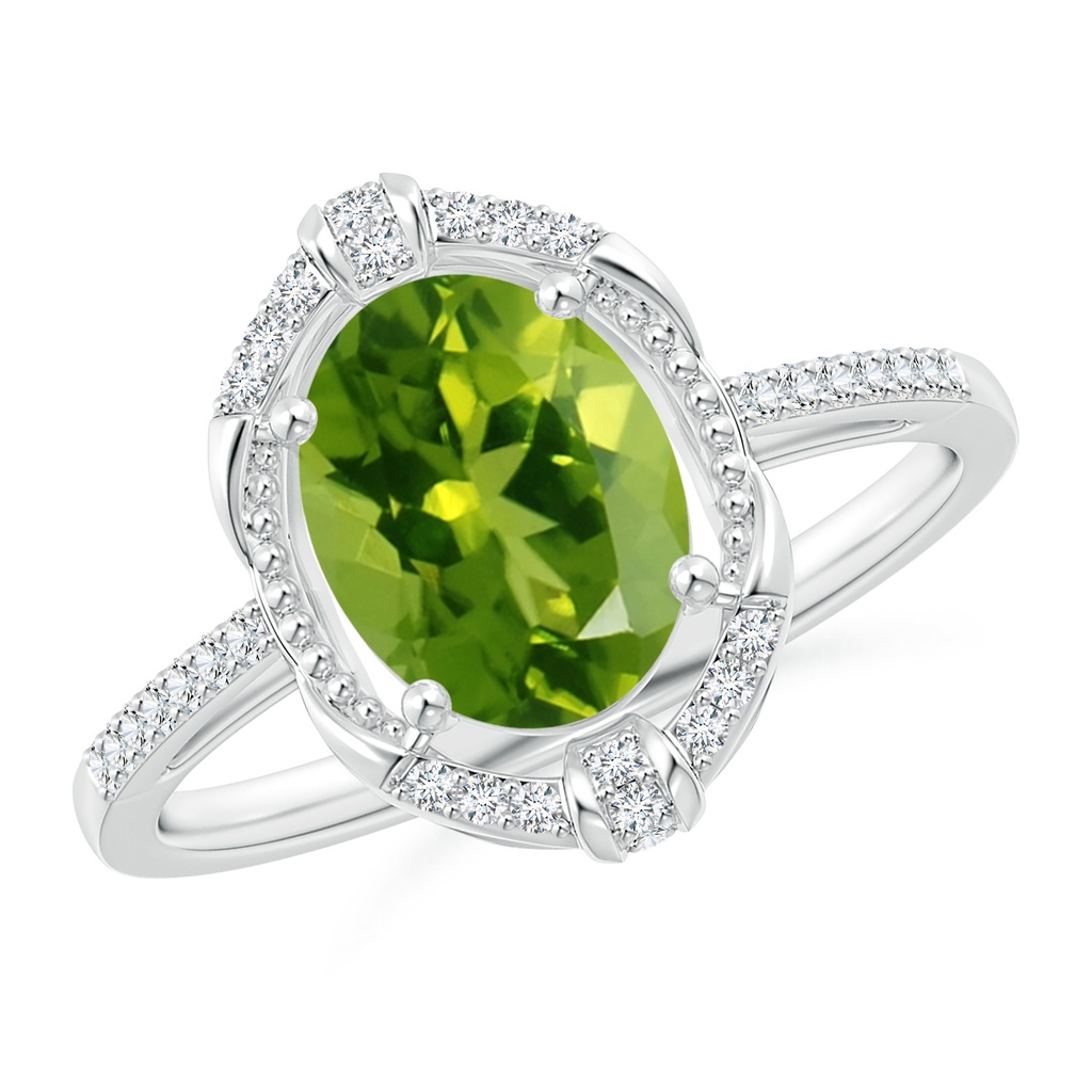 9x7mm AAAA Vintage Inspired Oval Peridot Leo Ring with Diamonds in White Gold