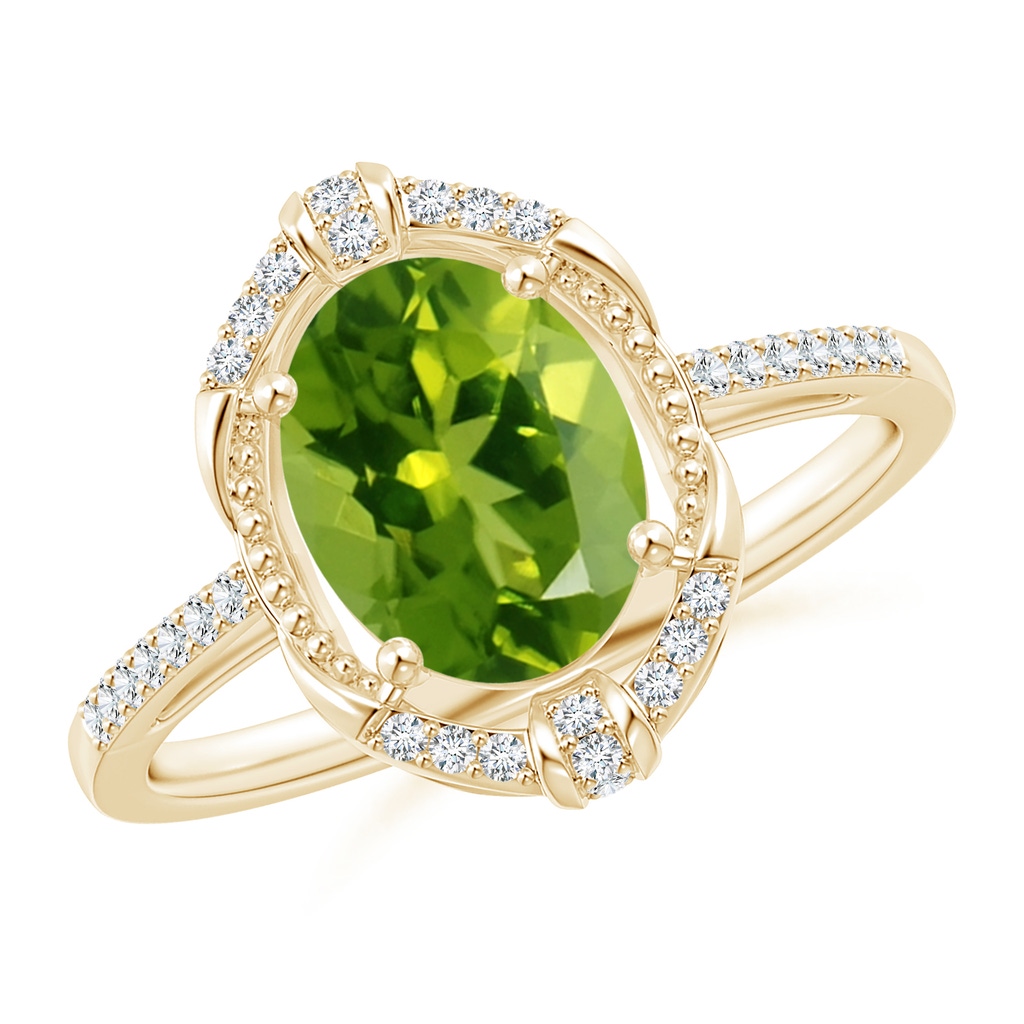 9x7mm AAAA Vintage Inspired Oval Peridot Leo Ring with Diamonds in Yellow Gold