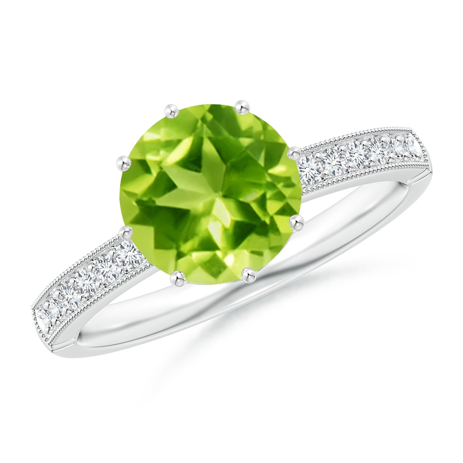 8mm AAA Vintage Inspired Round Peridot and Diamond Leo Crown Ring in White Gold 