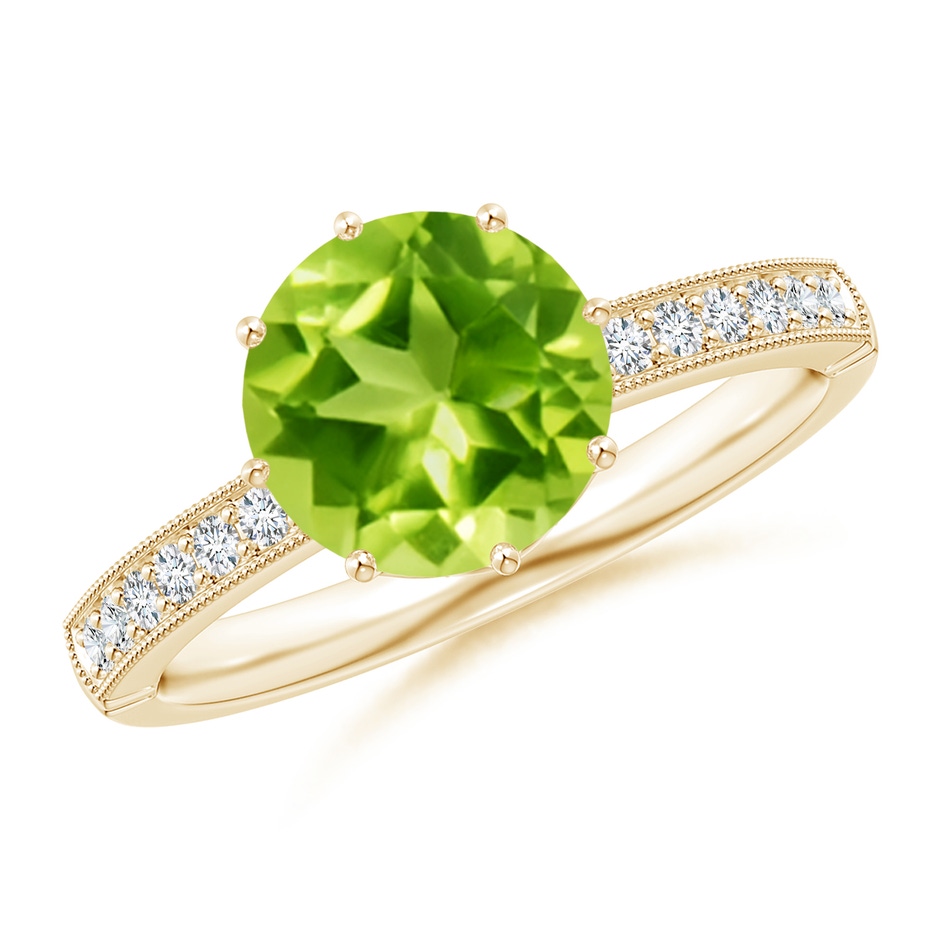 8mm AAA Vintage Inspired Round Peridot and Diamond Leo Crown Ring in Yellow Gold 