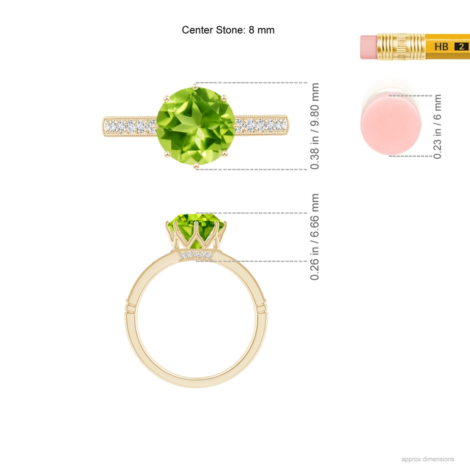 8mm AAA Vintage Inspired Round Peridot and Diamond Leo Crown Ring in Yellow Gold ruler