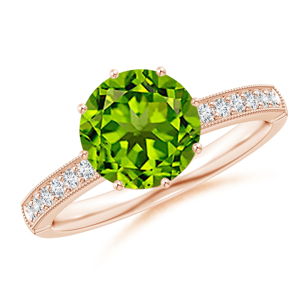 8mm AAAA Vintage Inspired Round Peridot and Diamond Leo Crown Ring in Rose Gold