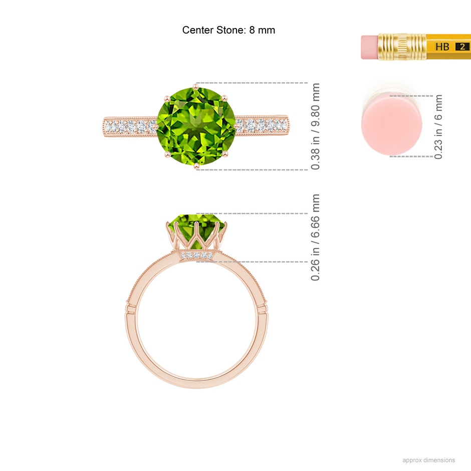 8mm AAAA Vintage Inspired Round Peridot and Diamond Leo Crown Ring in Rose Gold Ruler