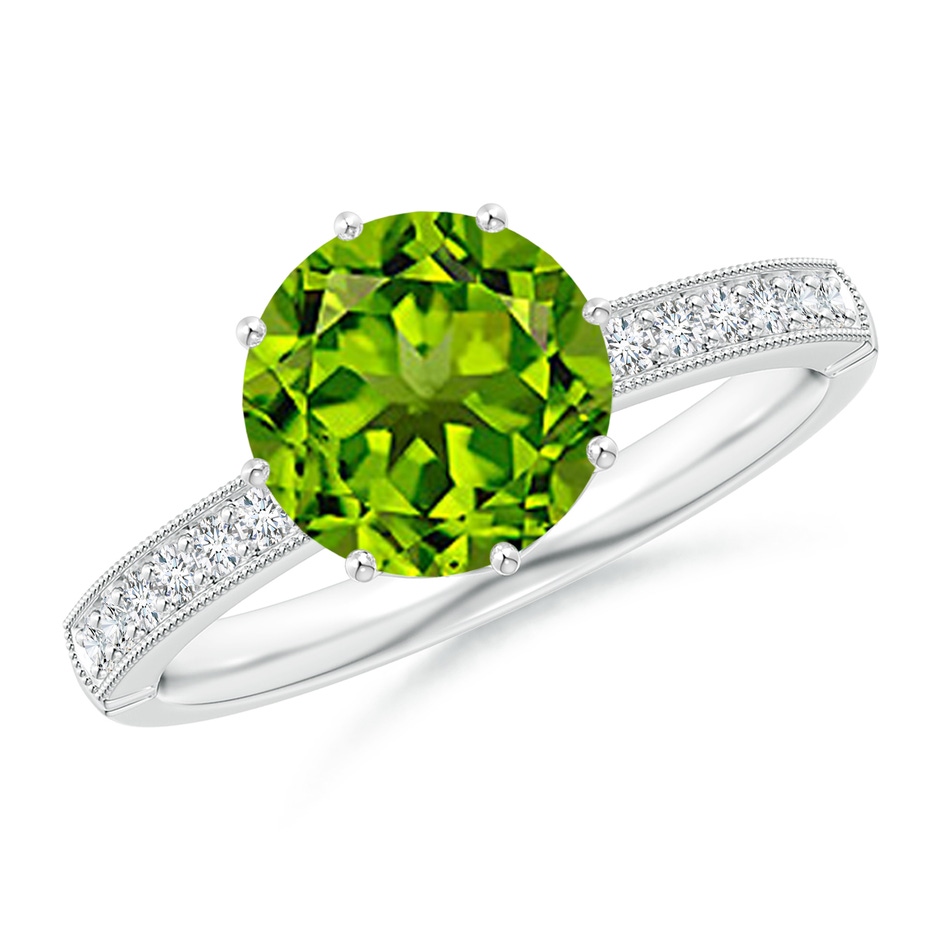 8mm AAAA Vintage Inspired Round Peridot and Diamond Leo Crown Ring in White Gold 