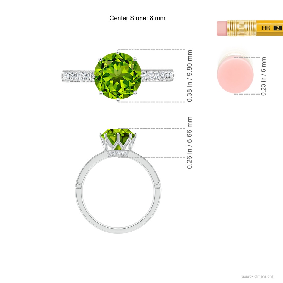 8mm AAAA Vintage Inspired Round Peridot and Diamond Leo Crown Ring in White Gold Ruler