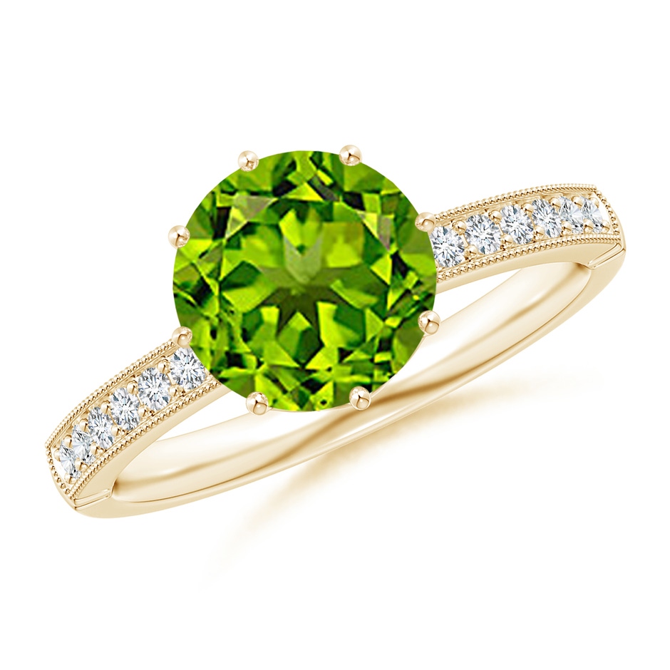 8mm AAAA Vintage Inspired Round Peridot and Diamond Leo Crown Ring in Yellow Gold 