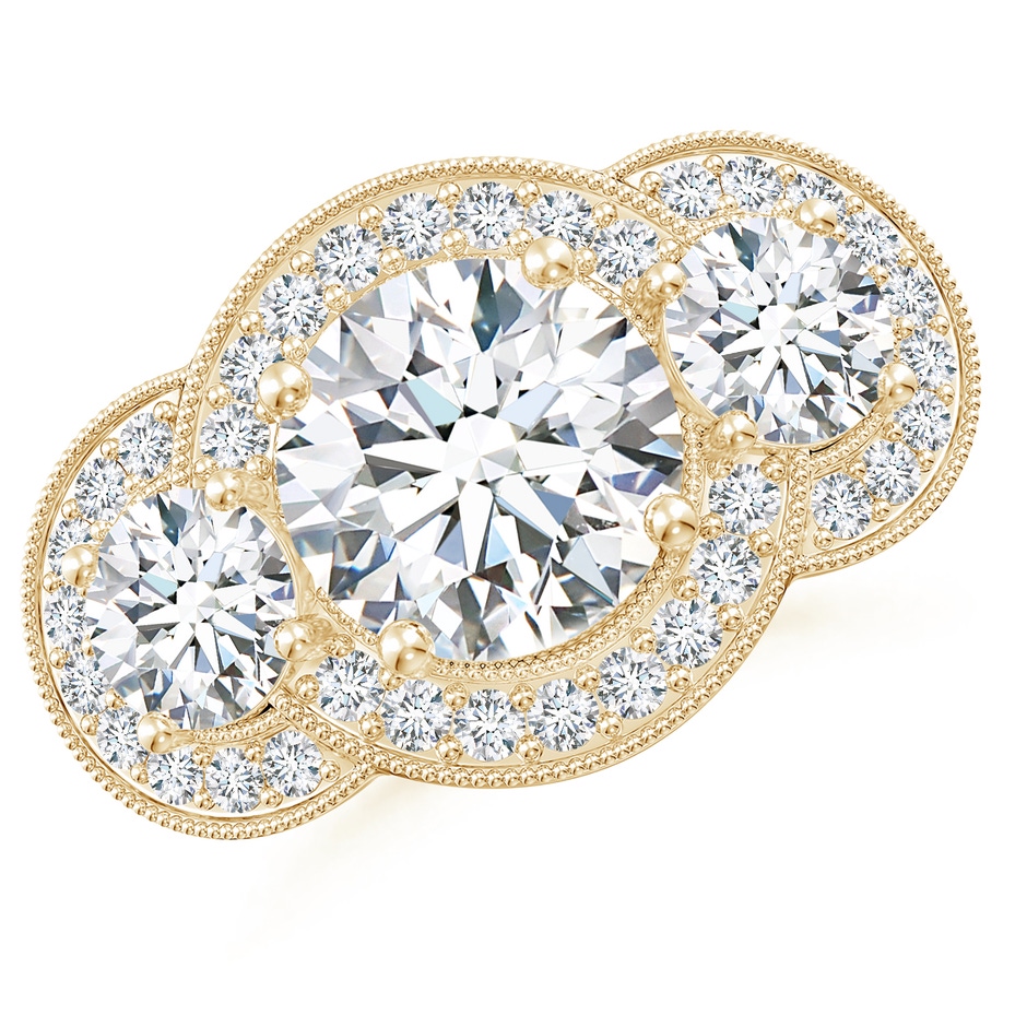 10.1mm GVS2 Aeon Vintage Inspired Diamond Halo Three Stone Engagement Ring with Milgrain in Yellow Gold 