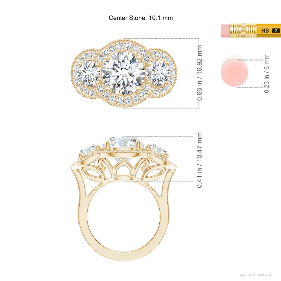 10.1mm GVS2 Aeon Vintage Inspired Diamond Halo Three Stone Engagement Ring with Milgrain in Yellow Gold ruler