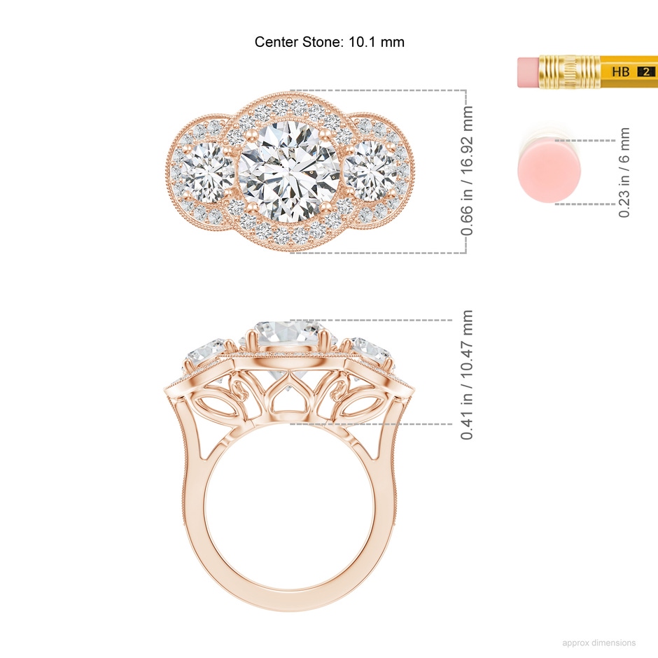 10.1mm HSI2 Aeon Vintage Inspired Diamond Halo Three Stone Engagement Ring with Milgrain in 18K Rose Gold ruler