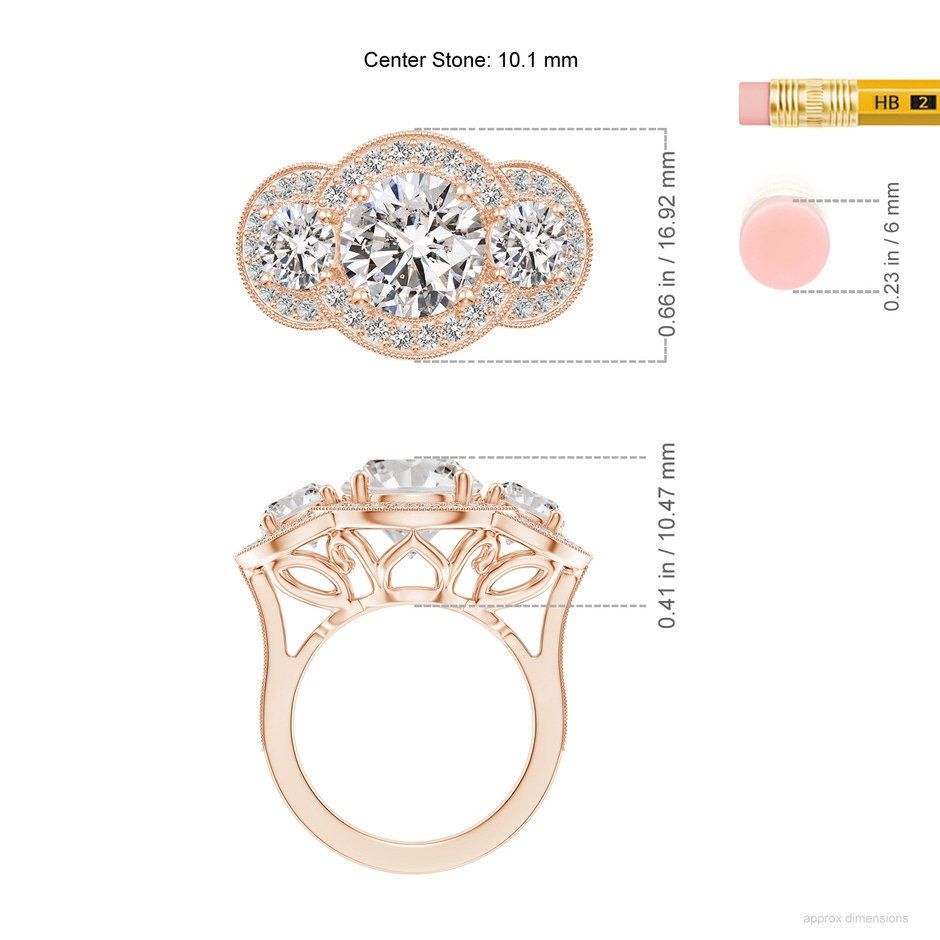 10.1mm IJI1I2 Aeon Vintage Inspired Diamond Halo Three Stone Engagement Ring with Milgrain in 18K Rose Gold ruler