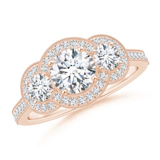 5.9mm GVS2 Aeon Vintage Inspired Diamond Halo Three Stone Engagement Ring with Milgrain in Rose Gold