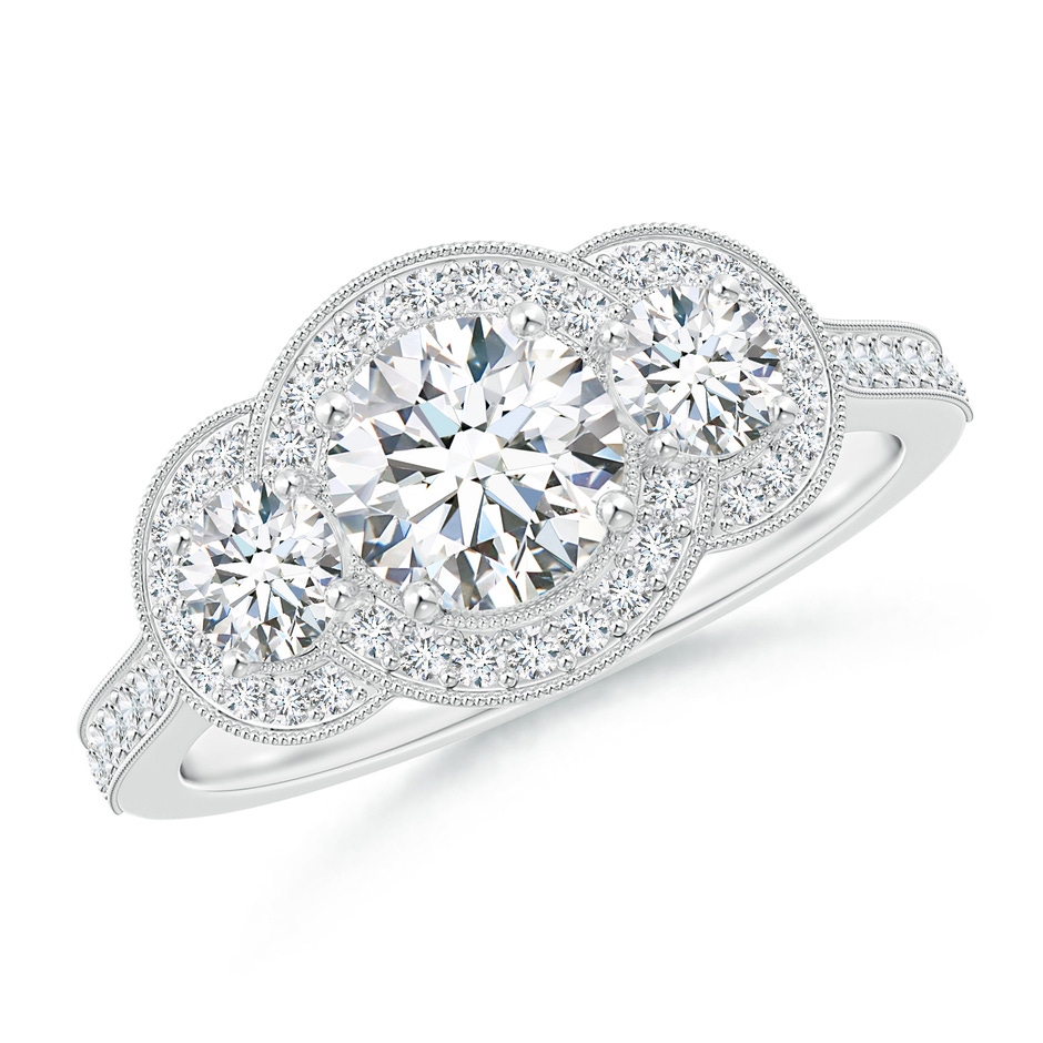 5.9mm GVS2 Aeon Vintage Inspired Diamond Halo Three Stone Engagement Ring with Milgrain in White Gold 