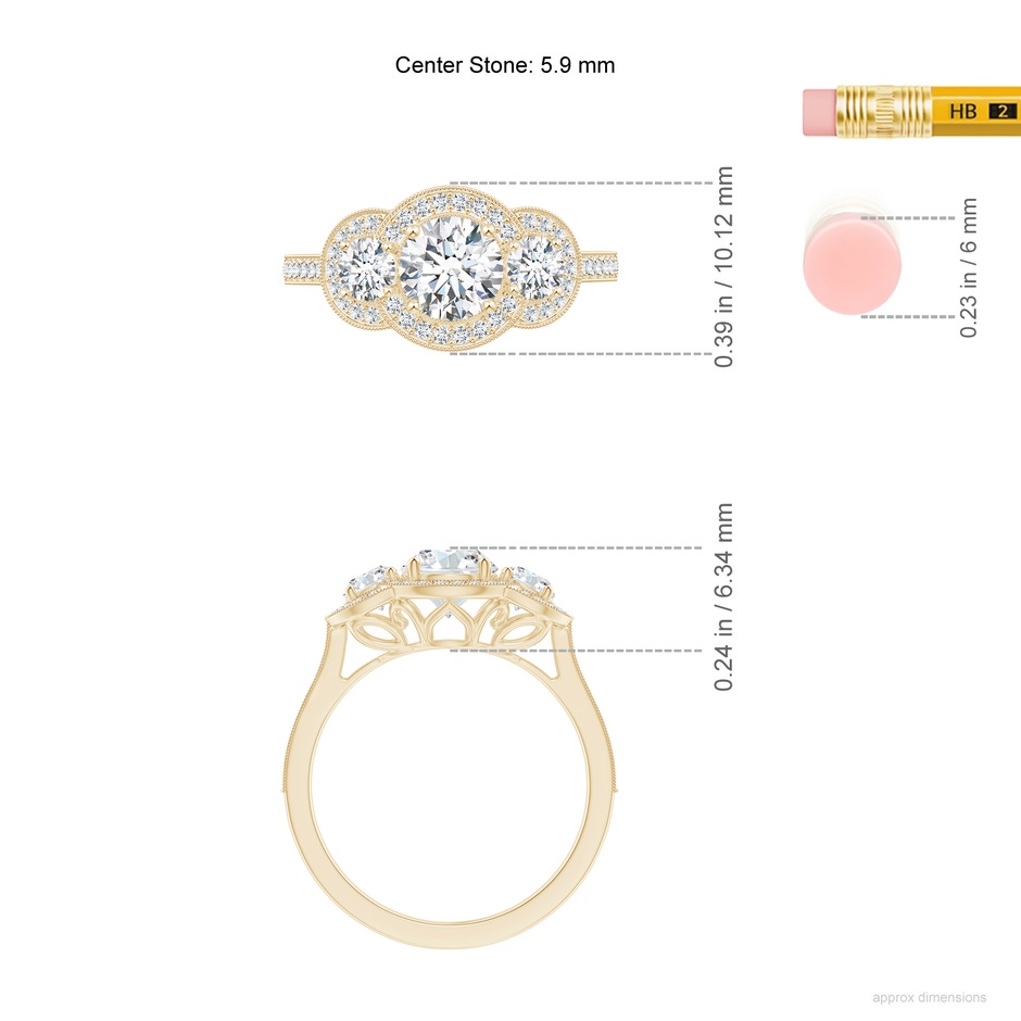 5.9mm GVS2 Aeon Vintage Inspired Diamond Halo Three Stone Engagement Ring with Milgrain in Yellow Gold ruler
