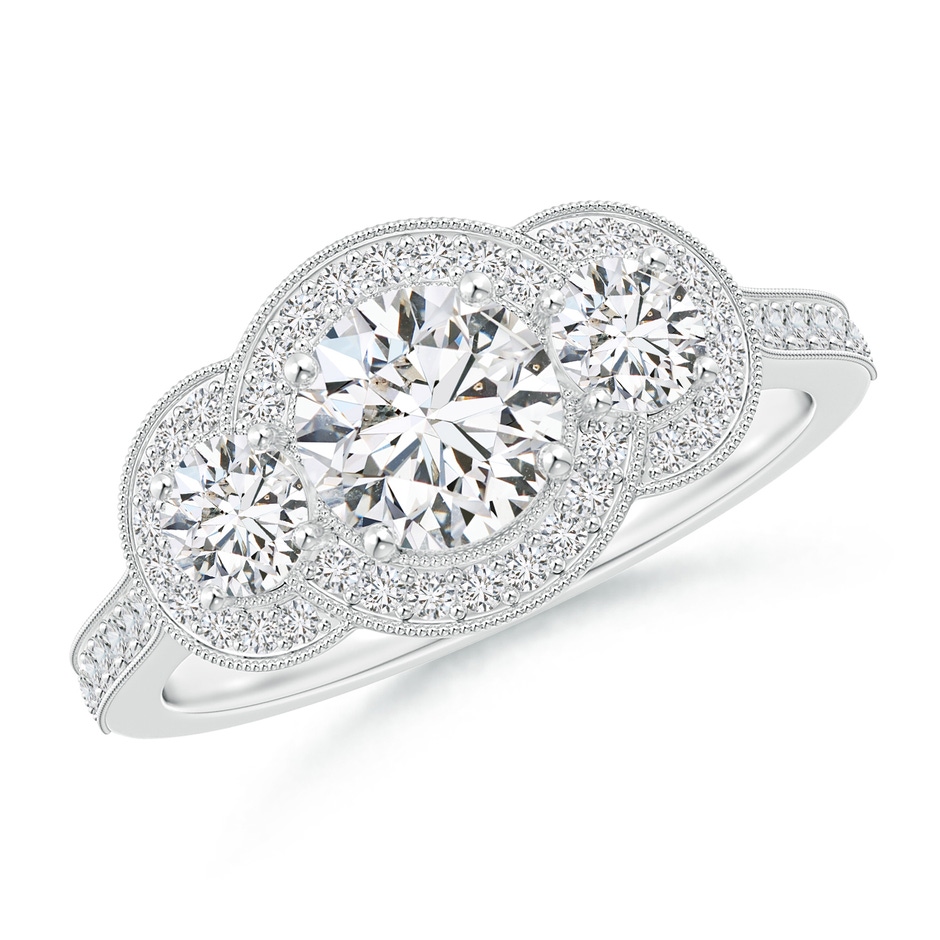 5.9mm HSI2 Aeon Vintage Inspired Diamond Halo Three Stone Engagement Ring with Milgrain in 18K White Gold 