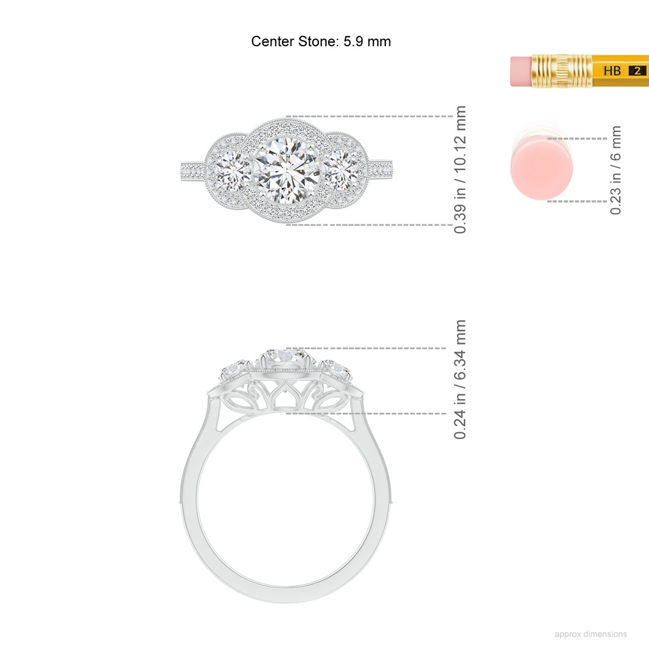 5.9mm HSI2 Aeon Vintage Inspired Diamond Halo Three Stone Engagement Ring with Milgrain in 18K White Gold ruler