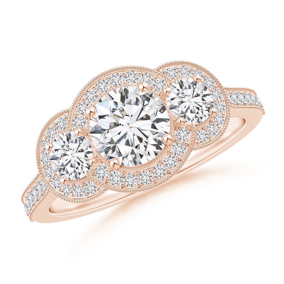 5.9mm HSI2 Aeon Vintage Inspired Diamond Halo Three Stone Engagement Ring with Milgrain in Rose Gold 
