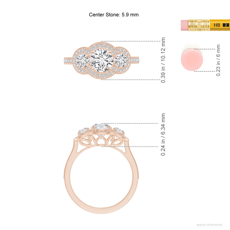 5.9mm HSI2 Aeon Vintage Inspired Diamond Halo Three Stone Engagement Ring with Milgrain in Rose Gold ruler