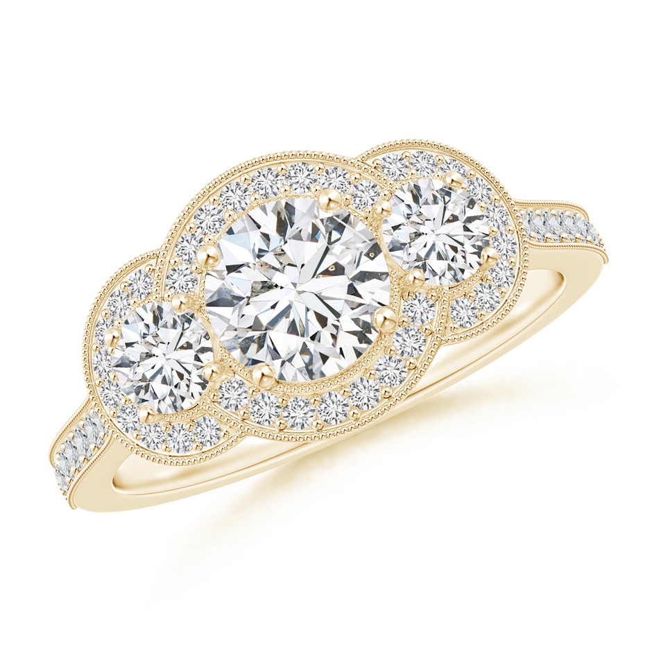 5.9mm HSI2 Aeon Vintage Inspired Diamond Halo Three Stone Engagement Ring with Milgrain in Yellow Gold 
