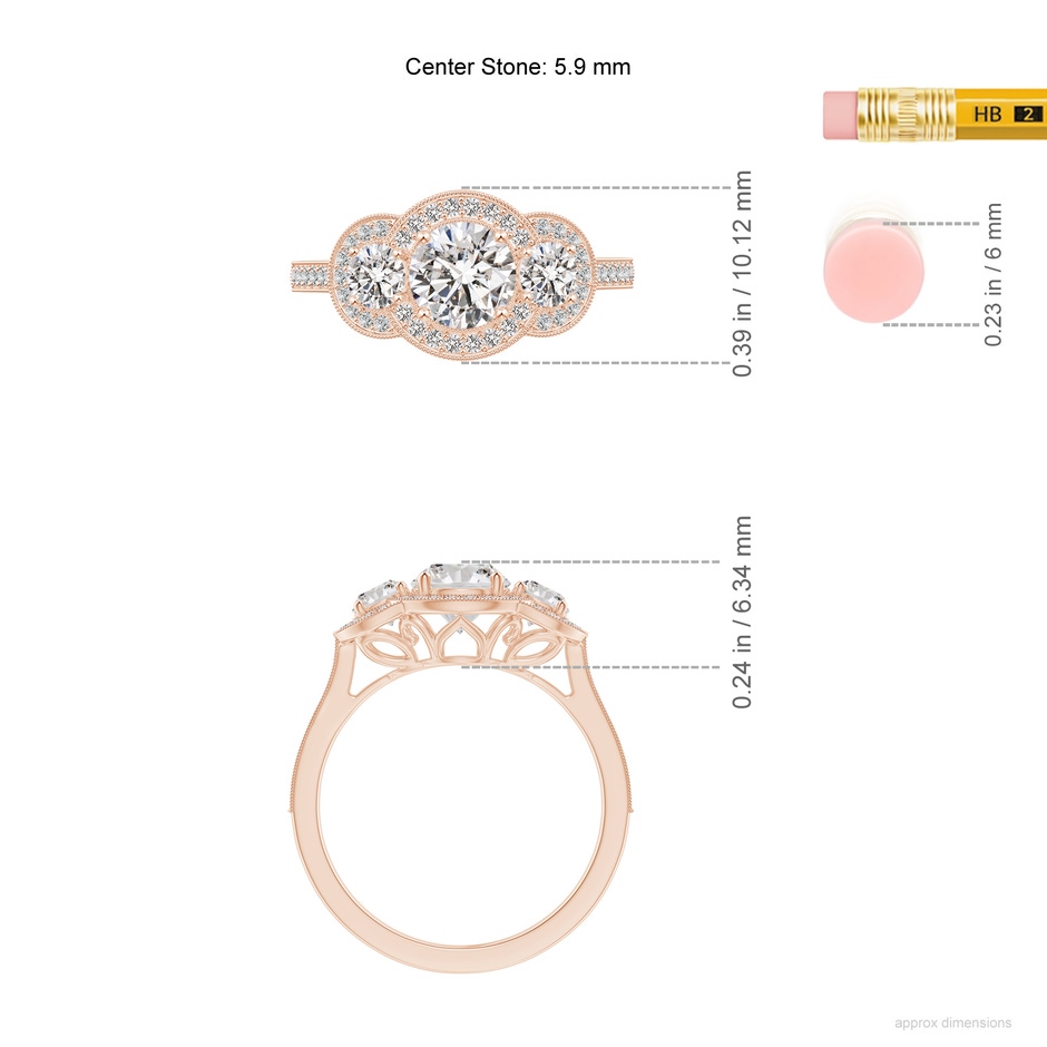 5.9mm IJI1I2 Aeon Vintage Inspired Diamond Halo Three Stone Engagement Ring with Milgrain in Rose Gold ruler