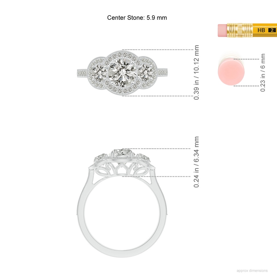 5.9mm KI3 Aeon Vintage Inspired Diamond Halo Three Stone Engagement Ring with Milgrain in White Gold ruler