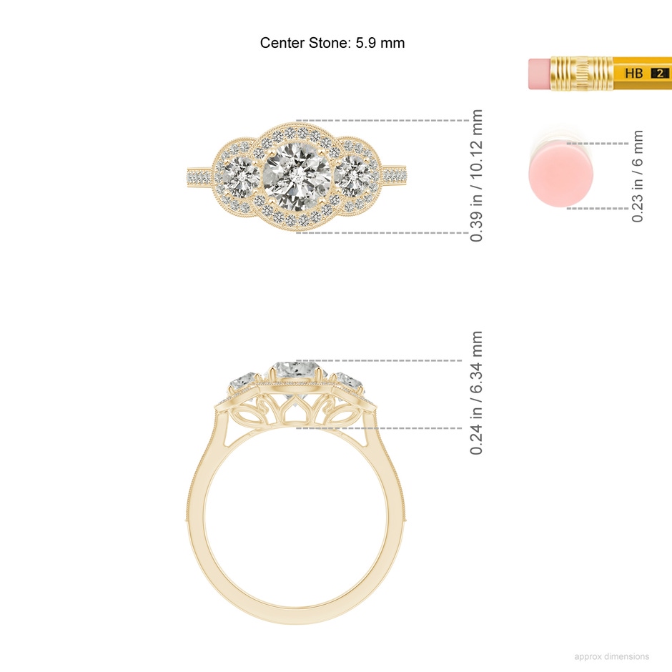 5.9mm KI3 Aeon Vintage Inspired Diamond Halo Three Stone Engagement Ring with Milgrain in Yellow Gold ruler