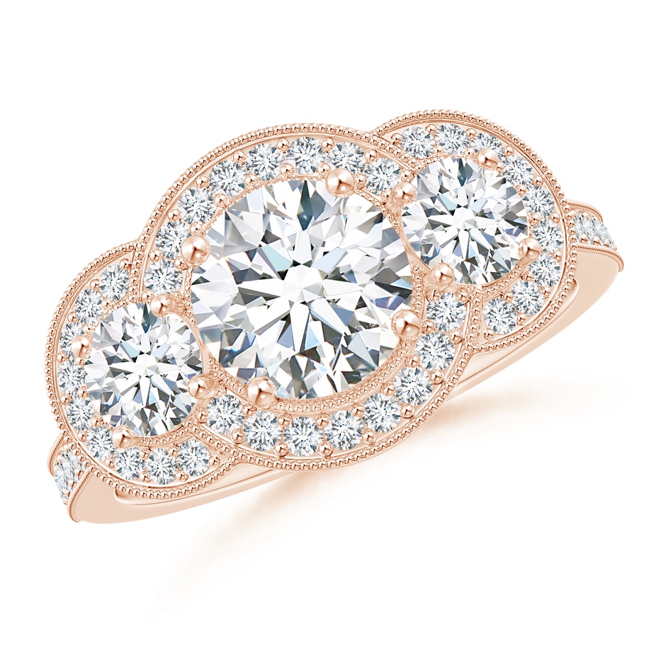 7mm GVS2 Aeon Vintage Inspired Diamond Halo Three Stone Engagement Ring with Milgrain in 18K Rose Gold 