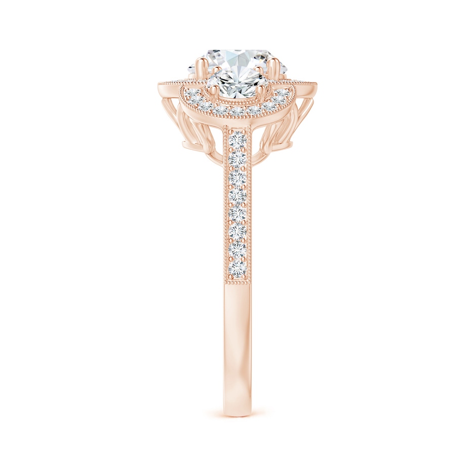 7mm GVS2 Aeon Vintage Inspired Diamond Halo Three Stone Engagement Ring with Milgrain in 18K Rose Gold side 299