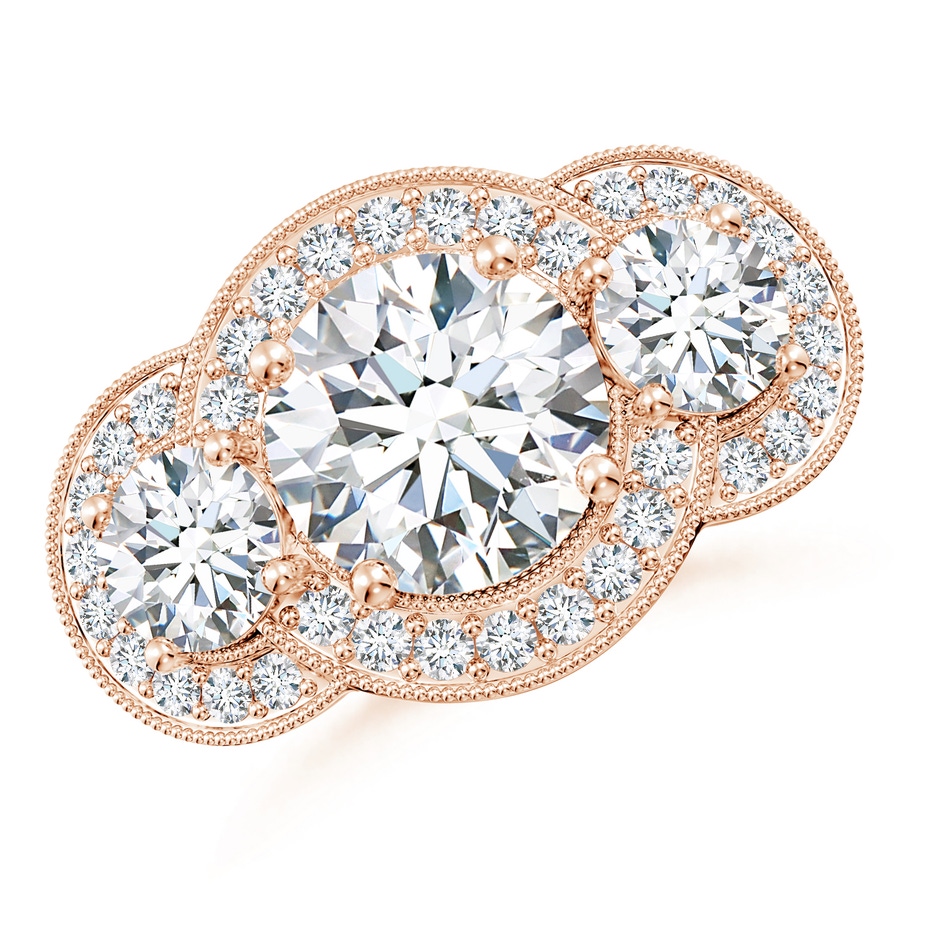 8.9mm GVS2 Aeon Vintage Inspired Diamond Halo Three Stone Engagement Ring with Milgrain in 18K Rose Gold 