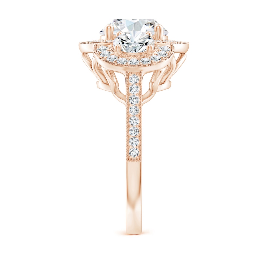 8.9mm GVS2 Aeon Vintage Inspired Diamond Halo Three Stone Engagement Ring with Milgrain in 18K Rose Gold side 299
