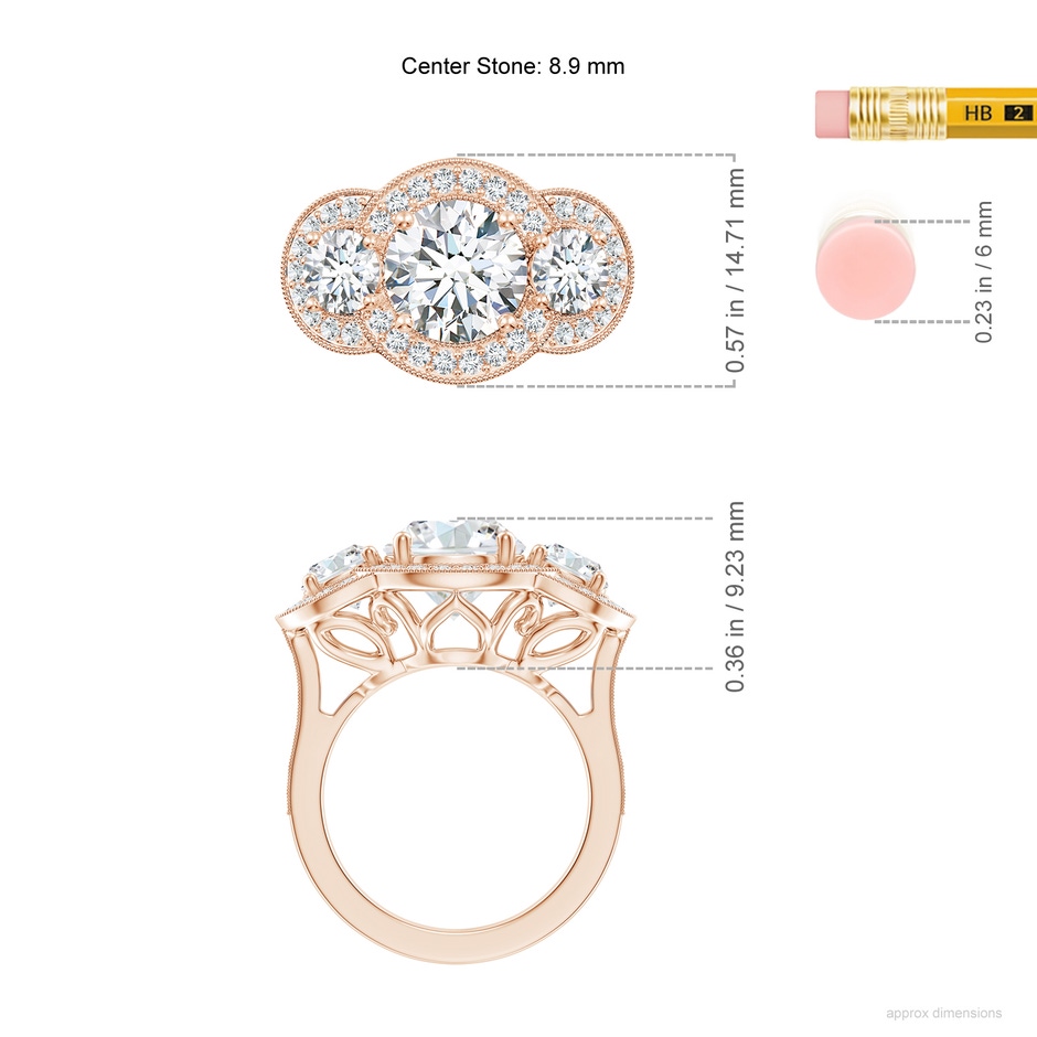 8.9mm GVS2 Aeon Vintage Inspired Diamond Halo Three Stone Engagement Ring with Milgrain in 18K Rose Gold ruler
