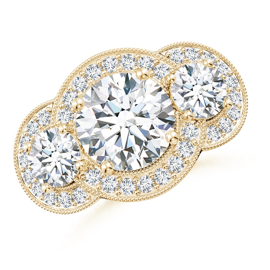 8.9mm GVS2 Aeon Vintage Inspired Diamond Halo Three Stone Engagement Ring with Milgrain in Yellow Gold 