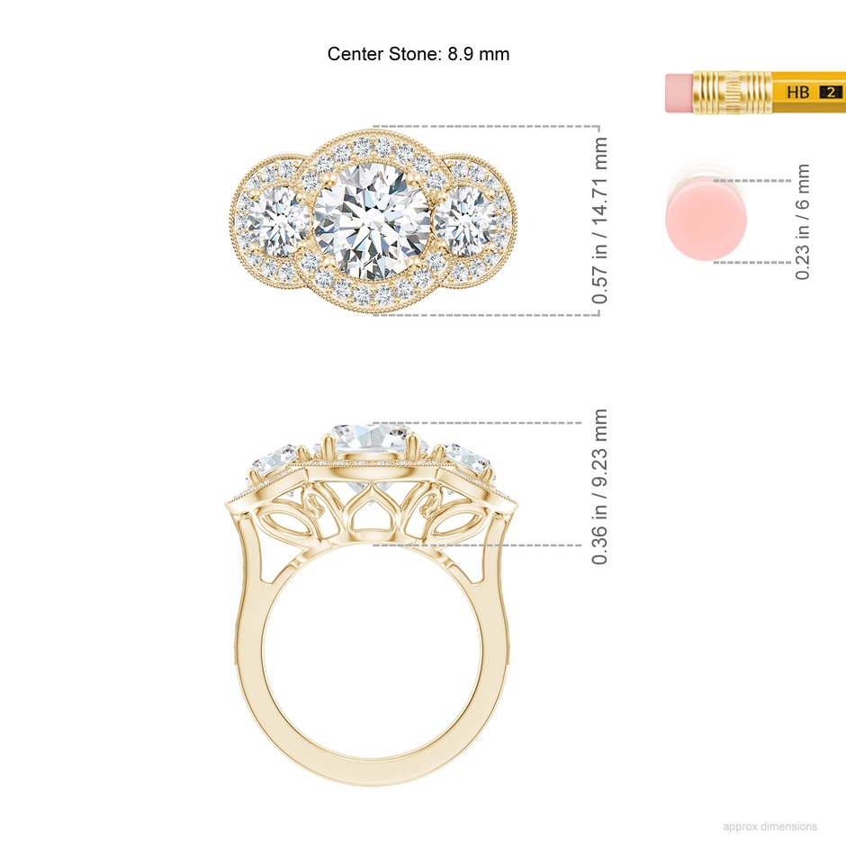 8.9mm GVS2 Aeon Vintage Inspired Diamond Halo Three Stone Engagement Ring with Milgrain in Yellow Gold ruler