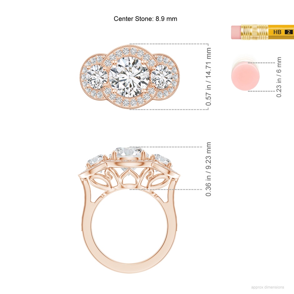 8.9mm HSI2 Aeon Vintage Inspired Diamond Halo Three Stone Engagement Ring with Milgrain in 9K Rose Gold ruler