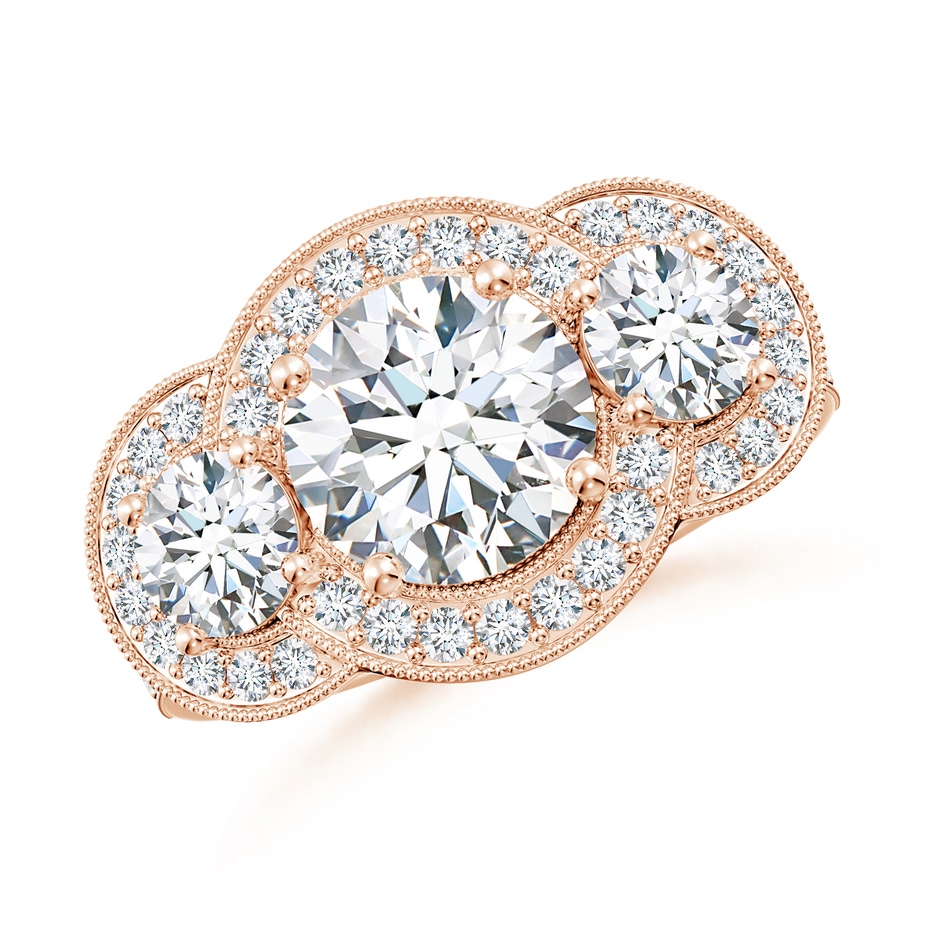 8mm GVS2 Aeon Vintage Inspired Diamond Halo Three Stone Engagement Ring with Milgrain in 18K Rose Gold 