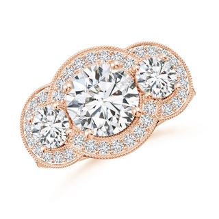 8mm HSI2 Aeon Vintage Inspired Diamond Halo Three Stone Engagement Ring with Milgrain in 18K Rose Gold