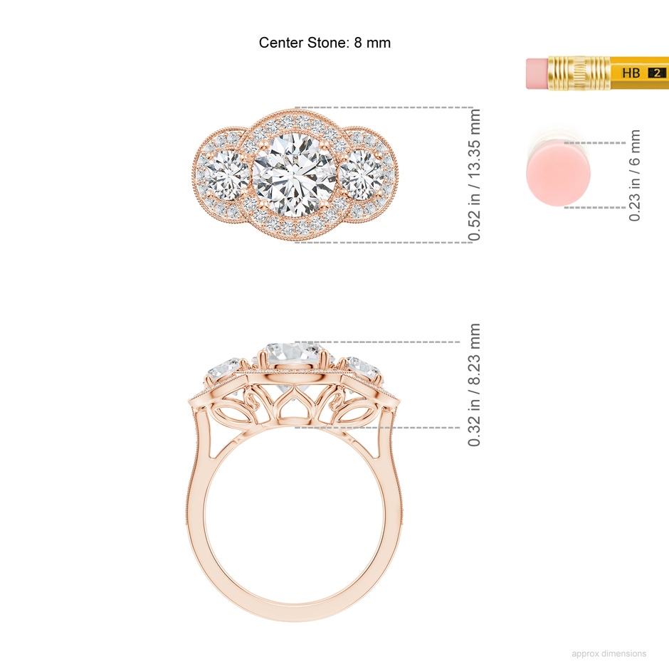 8mm HSI2 Aeon Vintage Inspired Diamond Halo Three Stone Engagement Ring with Milgrain in 18K Rose Gold ruler