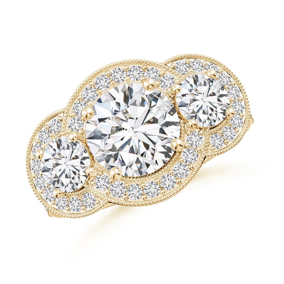 8mm HSI2 Aeon Vintage Inspired Diamond Halo Three Stone Engagement Ring with Milgrain in Yellow Gold 