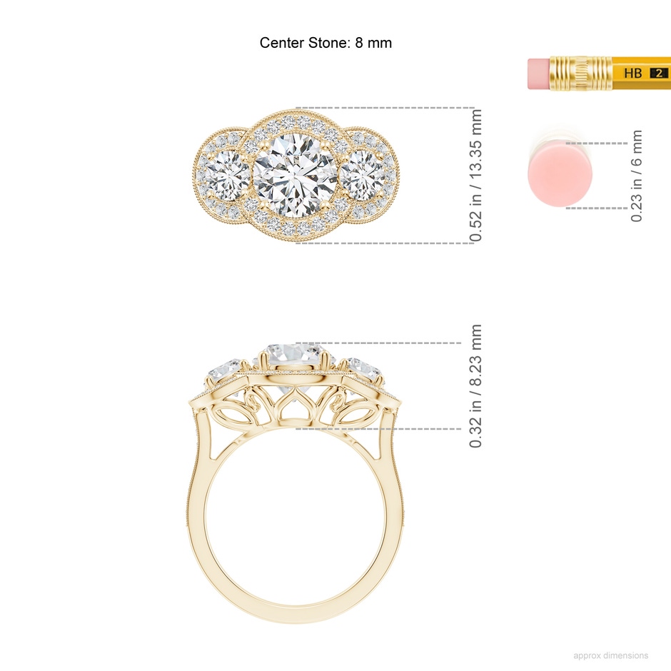 8mm HSI2 Aeon Vintage Inspired Diamond Halo Three Stone Engagement Ring with Milgrain in Yellow Gold ruler